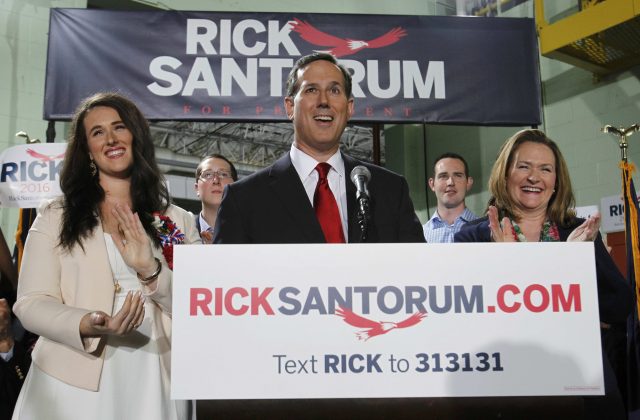 Republican presidential candidate and former U.S. Senator Santorum stands with family members while announcing candidacy for the 2016 Republican presidential nomination during event in Cabot, Pennsylvania