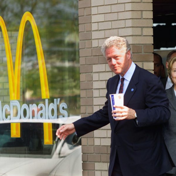 CLINTON LEAVES A MCDONALD’S RESTAURANT AFTER PASSING THE TORCH TO GORE